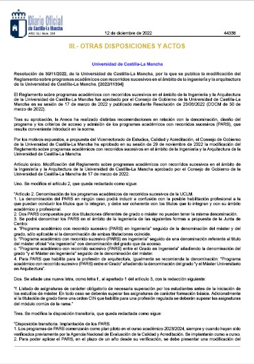 Modificación del Reglamento sobre programas académicos con recorridos sucesivos en el ámbito de la Ingeniería y la Arquitectura de la UCLM
