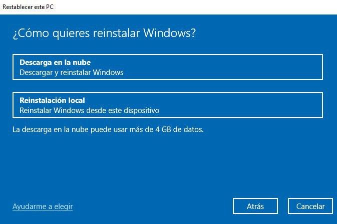 Pantalla de ordenador para elegir entre Instalar en la nube o Reinstalación local