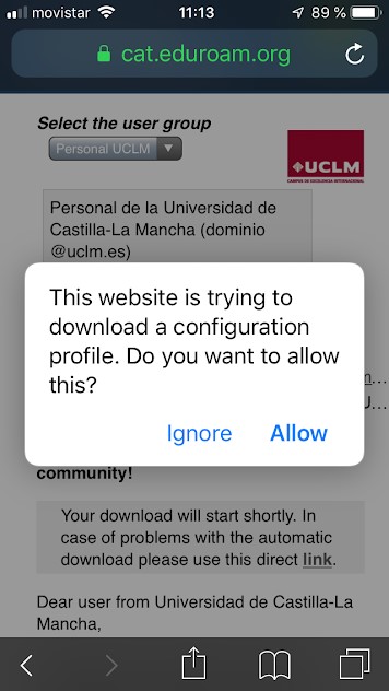 Pantalla iOS para autorizar la descarga del perfil en eduroamCAT UCLM