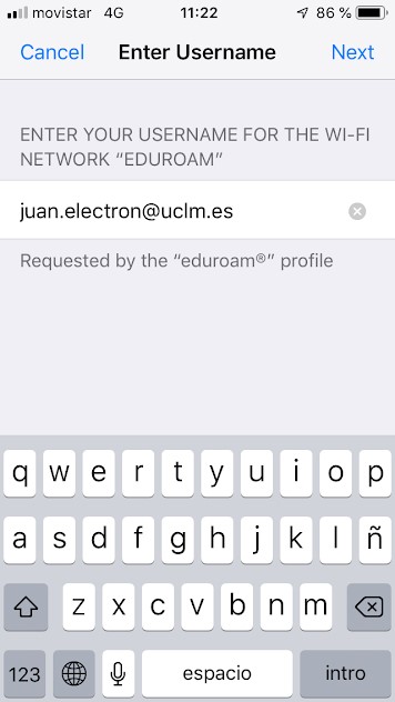 Pantalla iOS de solicitud de usuario para eduroamCAT UCLM
