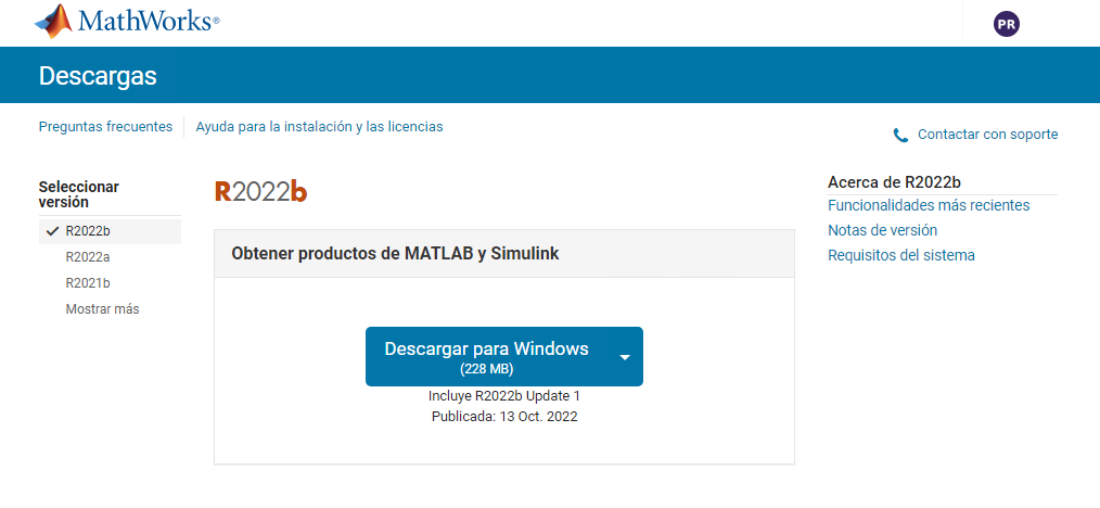 Descarga de MATLAB desde el portal de MathWorks