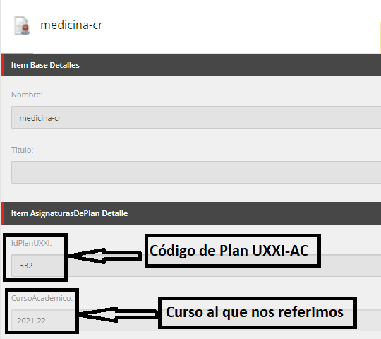 Pantalla Sitecore de asignaturas del plan