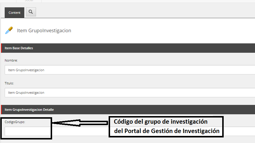 Pantalla Sitecore Grupo de Investigación